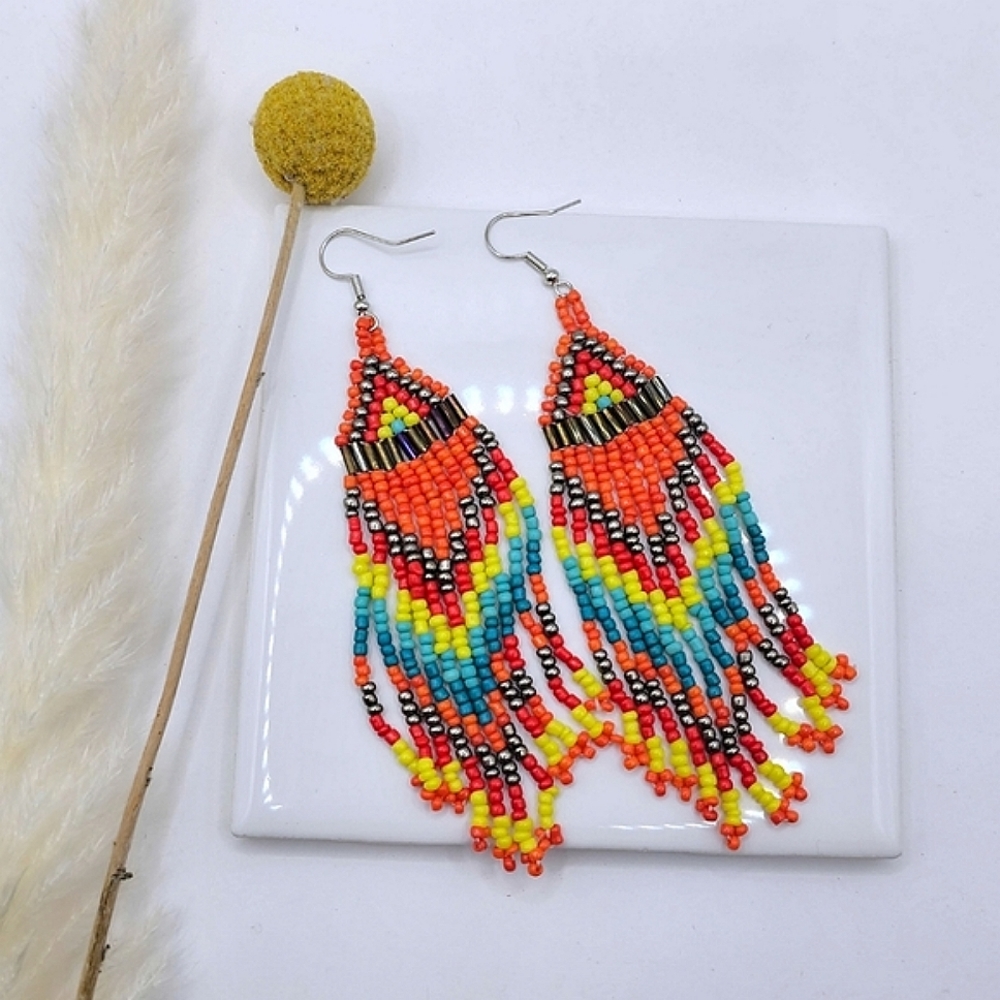 Colorful Chandelier Rice Bead Dangle Earrings Native Southwestern Bihemian